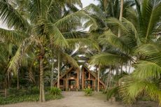 example of architecture in Ecuador, a timber structure, open and light, seen among palm trees