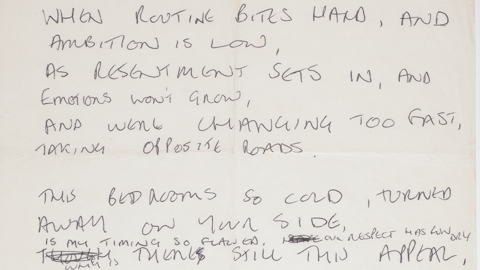 Handwritten lyric to 'Love Will Tear Us Apart by Joy Division, Ian Curtis, c 1979. Image courtesy The University of Manchester